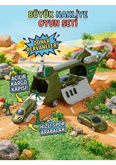 Askeri Nakliye Helikopteri Ve Spor Araba Seti 4'lü Araç Hediyeli Hareketli Rampalı Oyuncak Seti