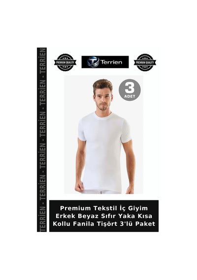 Terrien Premium Tekstil İç Giyim Erkek Beyaz Sıfır Yaka Kısa Kollu Fanila Tişört 3'lü Paket