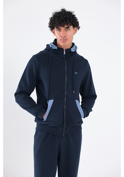 Rowinger Modal Kumaş Kapüşonlu Fermuarlı Kontrast Detaylı Erkek Sweatshirt Navyblue