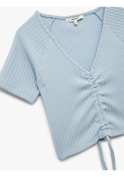 Koton Büzgülü Slim Fit V Yaka Kısa Kollu Crop Tişört Mavi 5sak50248ek Mavi
