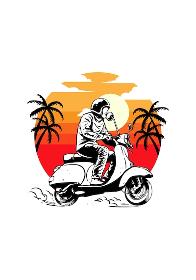 Paybuy Erkek Oversize Tişört Retro Scooter Baskısı Gün Batımı Motifi Vin Siyah