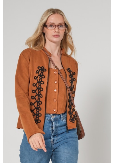 Mayrem Nakış İşleme Detaylı Slim Fit Fermuarlı Kadın Süet Ceket Taba