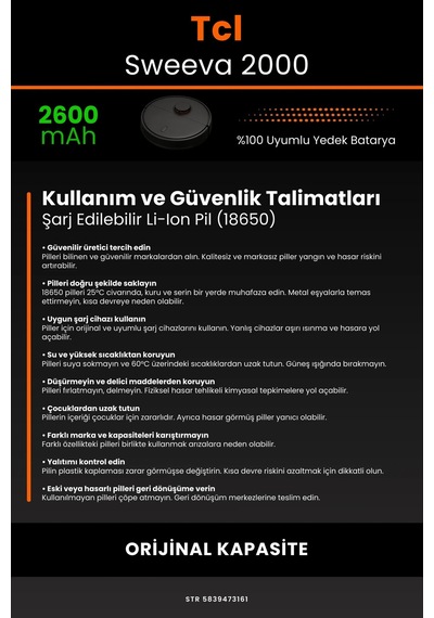 Tcl Sweeva 2000 Serie 2600mAh Robot Süpürge Bataryası