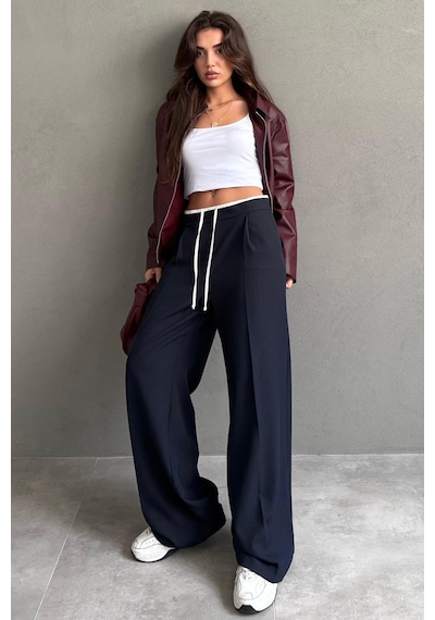 Madmext Lacivert Çift Bel Bantlı Wide Leg Kadın Pantolon Mg2551 Lacivert