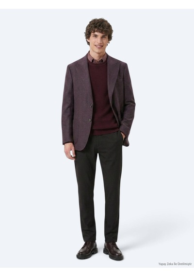Kip Bordo Desenli Modern Fit Yün Karışımlı Örme Ceket