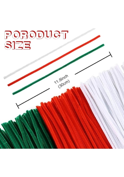 75 Adet Kırmızı, Beyaz, Koyu Yeşil Renkli Şönil , Çiçek Yapım Seti, Tüylü Tel, 30 Cm, Peluş Tel