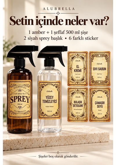 Alubrella 500 Ml Amber Ve Şeffaf Boş Sprey Şişe 2 Li Set Ve 6 Lı Etiket