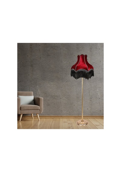 Bordo Füme Saçak Kumaş Kaplama Başlık Metal Ayaklı Klasik Şık Lambader 165x40cm