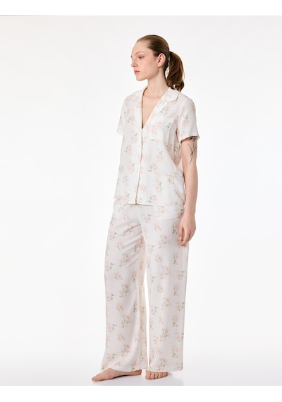 Koton Beli Lastikli Cepli Çiçek Desenli Viskon Pijama Altı Ekru Desenli 6slk50008mw