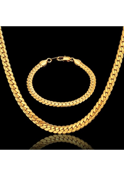 Gold Ezme Yassı Yılan Çelik Unisex Kolye Ve Bileklik Seti Eck37S