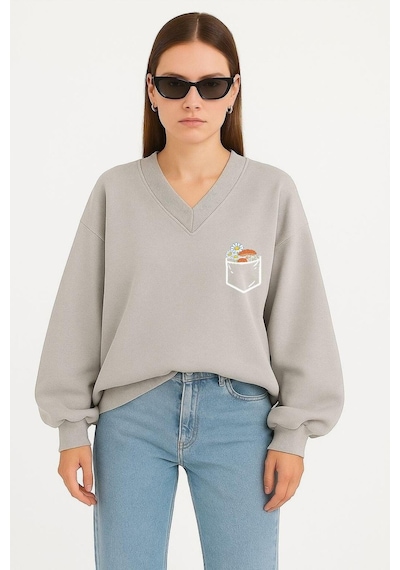 Benroma Cep Papatya Baskılı Ünisex V Yaka Sweatshirt Gri