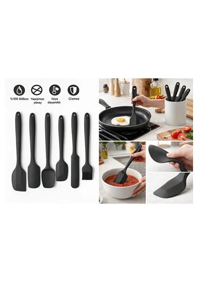 Isıya Dayanıklı Yanmaz Yapışmaz Silikon Spatula Seti 6 Parça Siyah Mat Siyah
