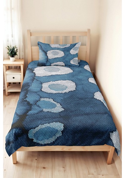 Mavi Geometrik Genç Odası Tek Kişilik Pike Takımı - Modern Beyaz 160x220 Cm Kapitone Yatak Örtüsü Kırsal Kervan Aurası