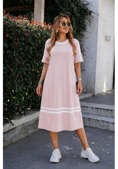 Kadın Kısa Kollu Bisiklet Yaka Şerit Detaylı Midi Viskon Elbise Pembe
