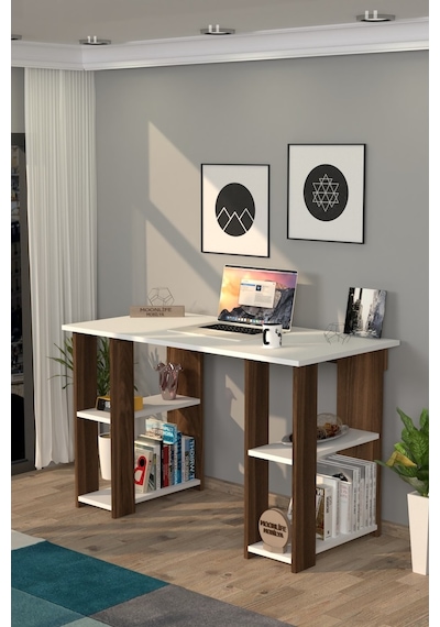 Moonlife Hipo Kitaplıklı Çalışma Masası Ceviz Beyaz  -  Ceviz