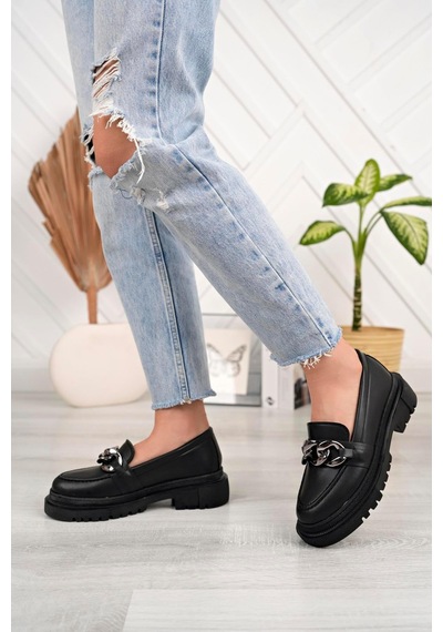 Aymood Kadın Siyah Zincirli Kalın Taban Loafer Makosen Ayakkabı Siyah