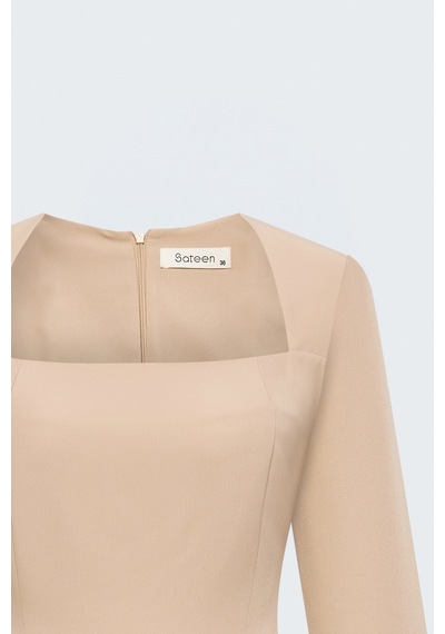 Sateen Midi Boy Uzun Kollu Klasik Elbise - Bej-138094