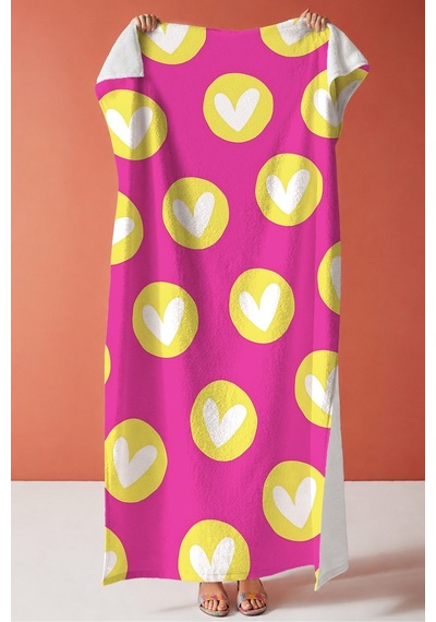 Kalp Temalı Fuşya Sarı Plaj Havlusu - Modern Pop Art Canlı Renkli Hızlı Kuruyan Mikrofiber Havlu Sessiz Şakayık