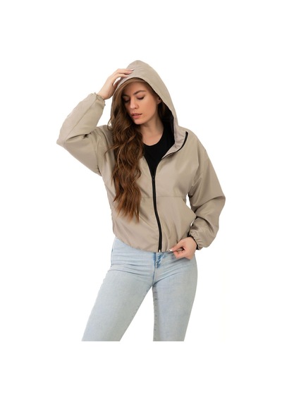 Spor Kadın Kapüşonlu Su Ve Rüzgar Geçirmez Oversize Yağmurluk - Rüzgarlık-132 Taş