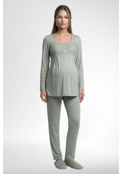Mecit Pijama Mecit 6402 Kadın Yeşil Dantel Pelerin Hamile Lohusa Pijama Takımı