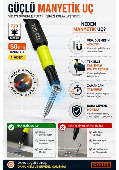 T20 Torx Tornavida Ucu 50 Mm Manyetik S2 Çelik 1/4" Hex Vidalama Ucu 1 Adet Yüksek Kalite