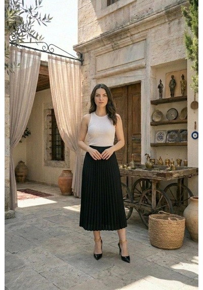 Wear Vexel Kadın 90 Cm Saten Kumaş Pliseli Midi Etek Şık Ve Zarif Tasarım - Siyah Çok Renkli