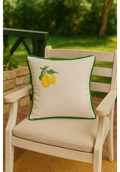 Limon Nakışlı Buldan Keteni Biyeli Kırlent 43 X 43 renkli