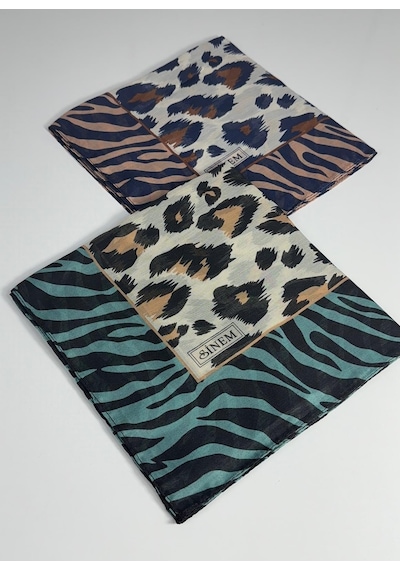 Sinem İndia Leopar Desen 2'li Eşarp -6294 Somon-mavi