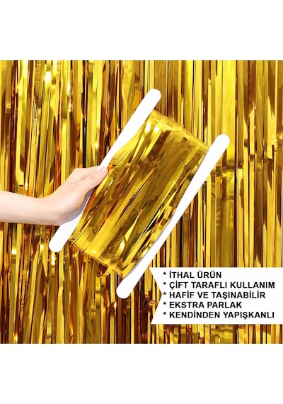Altın Gold Renk Ekstra Metalize Parlak Saçaklı Arka Fon Perde İthal A Kalite 1x2 Metre Stantart