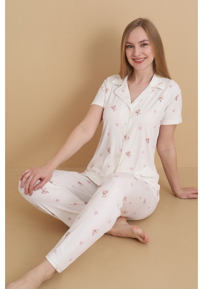 Wordex Mirano 9505 Ayıcık Desenli Pegasus Kumaş Düğmeli Kısa Kolu Kadın Pijama Takımı Ekru
