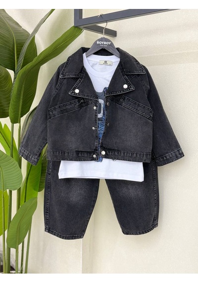 Kokoş Bebe Erkek Çocuk Kot Ceketli 3 Lü Takım Baskılı Tişört Bol Paça Pantolon - 4/12 Yaş - 31948 Siyah Kokoş Bebe Erkek Çocuk Kot Ceketli 3 Lü Takım Baskılı Tişört Bol Paça Pantolon - 4/12 Yaş - 31948 Siyah