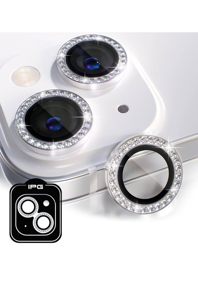 Apple Uyumlu iPhone 14 / 14 Plus İçin Ipg Kamera Lens Koruyucu - Taşlı - Gümüş