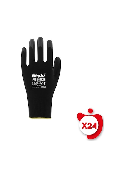Beybi PU Touch Siyah Poliüretan Kaplı Polyester Örme Nitril İş Eldiveni 9 Beden 24 Çift