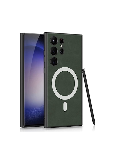 Rba Aksesuar Galaxy Uyumlu S24 Ultra Kılıf M-safe Şarj Özellikli Deri Tasarımlı Rba Kıpta Nubuk Kapak - Yeşil Yeşil