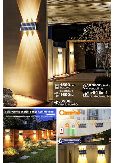 Trendpoint 2adet Solar Çift Taraflı 6ledli Aplik Sarı Işık Duvar Lamba Bahçe Aydınlatma Güneşle Şarj