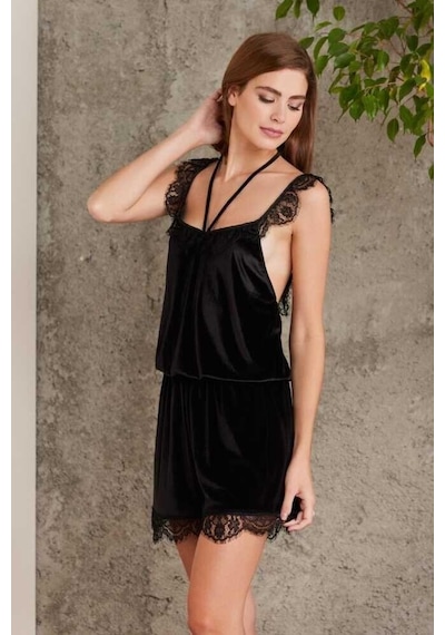 Pierre Cardin Dantelli Kadife Tulum Sabahlık Takım 4800 Siyah 001