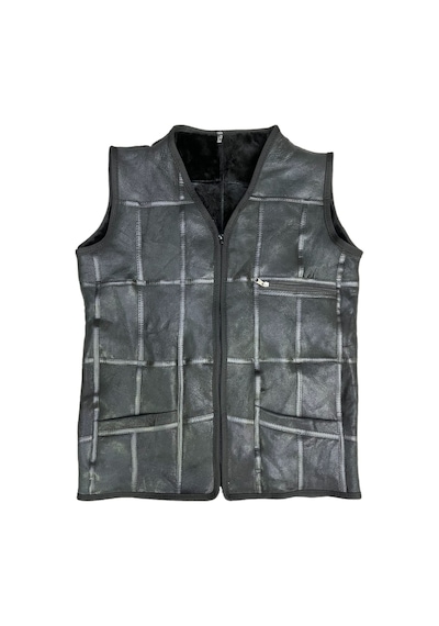 Lnleather Patchwork Içi Kürk-Dışı Süet Hakiki Deri Biye Detaylı Yelek Siyah