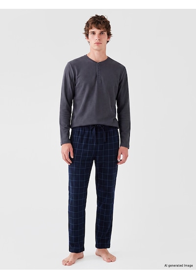 LC Waikiki Lc Waıkıkı Gri Henley Yaka Uzun Kollu Erkek Pijama Üst