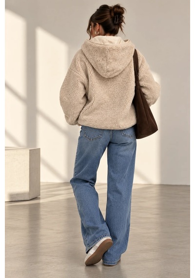 Bb Butik Basic Kadın Kapüşonlu Fermuarlı Peluş Ceket Oversize Rahat Kesim My3535 Bej