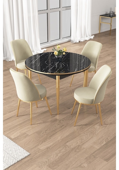 Canisa Osle Serisi 90x90 Yuvarlak Siyah Mermer Desen Mutfak Masa Takımı 4 Sandalye Gold Detay Masa Siyah Mermer Desen Sandalye Krem Gold Ayak Canisa Osle Serisi 90x90 Yuvarlak Siyah Mermer Desen Mutfak Masa Takımı 4 Sandalye Gold Detay Masa Siyah Mermer Desen Sandalye Krem Gold Ayak