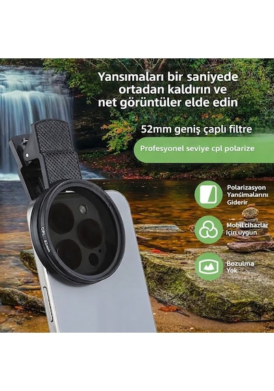 52mm Ultra Clear Cpl Polarize Filtre Klipsli Telefon Lens Yansıma Azaltıcı Siyah