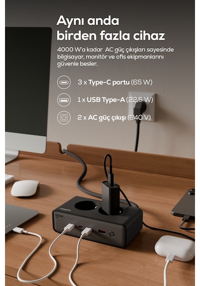 Masaüstü Priz Hızlı Şarj İstasyonu 6 İn 1 2x 4000w Ac, 65w 3xusb-c, 1 Usb-a, 100w Kablo X6423