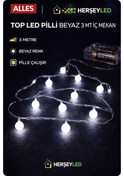Top Led Pilli Beyaz 3 Mt İç Mekan Beyaz