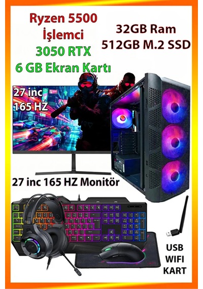 Comloji CMLJ25 R5-5500 32 GB 512 GB SSD RTX3050 27" Free Dos Masaüstü Oyuncu Bilgisayarı