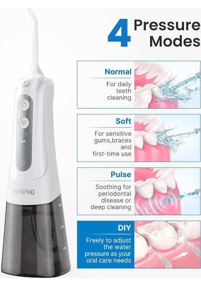 Renpho Akülü Diş Duşu, 300ml Taşınabilir Suya Dayanıklı Usb Şarj Edilebilir Dental Oral Irrigator, Dıy İle 4 Mo