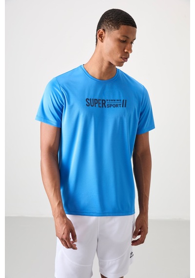 Tommy Life Saks Polyester Nefes Alan Dokulu İnce Esnek Standart Fit Erkek Performans T-shirt - 88385 Saks