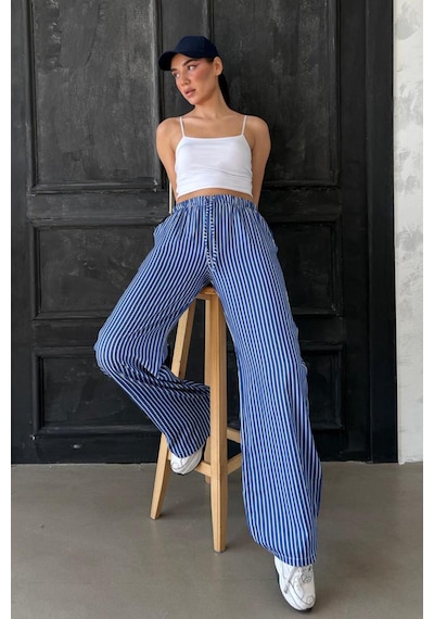 Madmext Lacivert Beli Ayarlanabilir Çizgili Cepli Bol Paça Kadın Pantolon Mg2312 Lacivert