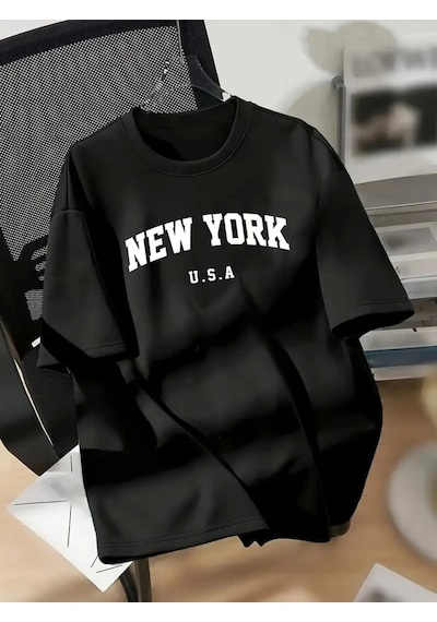 Efnaz Style New York Baskılı Oversize Bisiklet Yaka T-shirt - Siyah