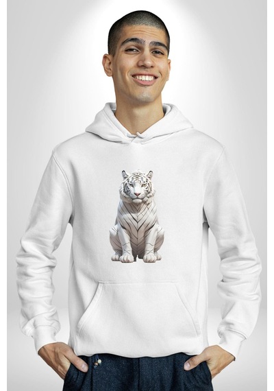 Beyaz Kaplan Kadın Erkek Beyaz Kapüşonlu Sweatshirt Hoodie Beyaz