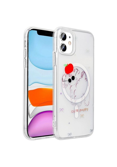 Apple Uyumlu iPad iPhone 11 Kılıf M-safe Şarj Özellikli Şeffaf Zore Folk Sert Kapak Sevimli Köpek